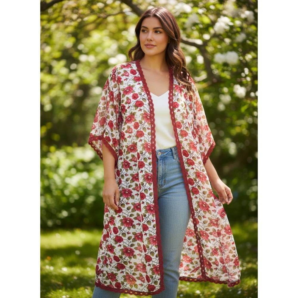 LuLaRoe Kimono Coverup Womens Medium White Red Rose‎ Floral Lace Trim Chiffon